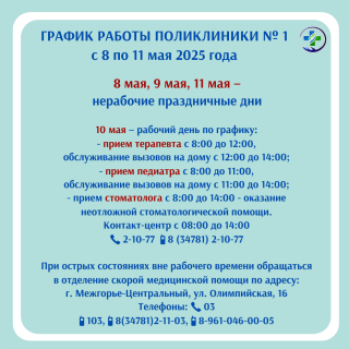 График работы поликлиники № 1 МСЧ № 142 с 8 по 11 мая 2025 г.